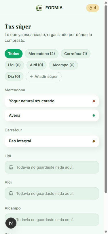 Historial organizado por supermercado
